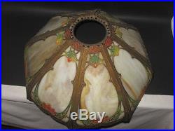 Antique Slag Glass Lamp Shade Caramel 8 panes Ornate early 1900 Stained Electric