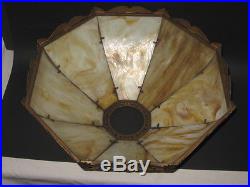 Antique Slag Glass Lamp Shade Caramel 8 panes Ornate early 1900 Stained Electric