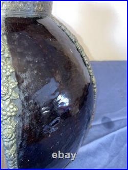 Antique Slag Glass Lamp Shade With Brass Ornamental Trim 11 High 12-1/2 Across