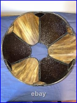 Antique Slag Glass Lamp Shade With Brass Ornamental Trim 11 High 12-1/2 Across