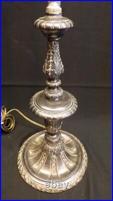 Antique Slag Glass Lamp Silver Plate Reverse Painted Lamp Base Pairpoint Era