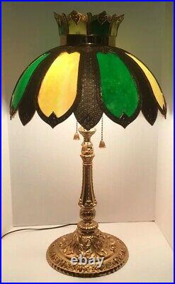 Antique Slag Glass Lamp Tiffany Style Large Table Lamp 33 Inches Tall Gorgeous