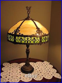 Antique Slag Glass Lamp With Decorative Metal Overlay