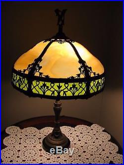 Antique Slag Glass Lamp With Decorative Metal Overlay
