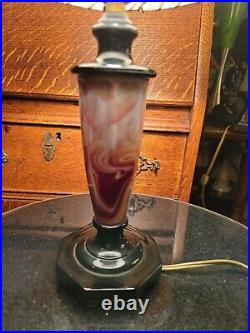 Antique Slag Glass Lamp with Leather Stiched McM Shade