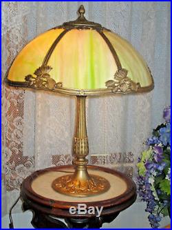 Antique Slag Glass Panel Electric Table Lamp 6 Panel Signed ML Co