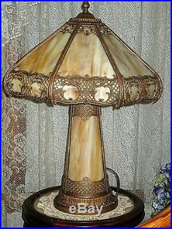 Antique Slag Glass Panel Electric Table Lamp Lighted Base Lamp