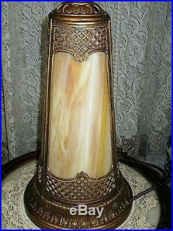 Antique Slag Glass Panel Electric Table Lamp Lighted Base Lamp
