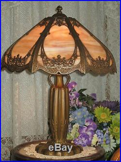 Antique Slag Glass Panel Electric Table Lamp Urn Handled Base