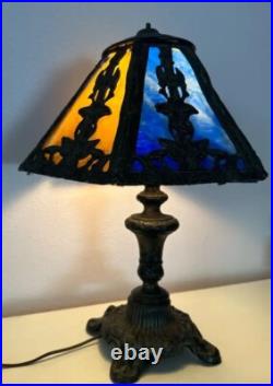 Antique Slag Glass Panel Empire Scenic Table Lamp