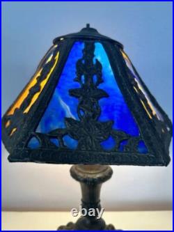 Antique Slag Glass Panel Empire Scenic Table Lamp