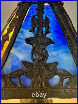 Antique Slag Glass Panel Empire Scenic Table Lamp