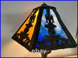 Antique Slag Glass Panel Empire Scenic Table Lamp