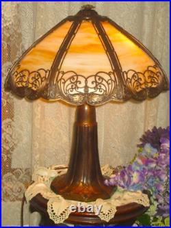 Antique Slag Glass Panel Lamp 8 Panels Smooth Amber Glass