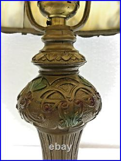 Antique Slag Glass Panel Lamp Salem Brothers Caramel Glass, Polychrome Paint
