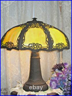 Antique Slag Glass Panel Lamp Unusual Base