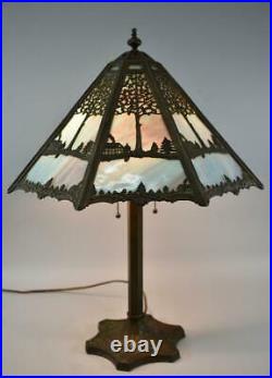 Antique Slag Glass Panel Lamp With Cabin Scene