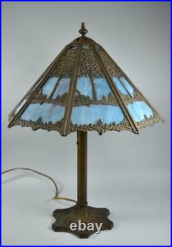 Antique Slag Glass Panel Lamp With Cabin Scene