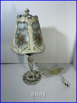 Antique Slag Glass Panel Table Lamp Floral Cast Metal C1910-1930 Art Nouveau Era