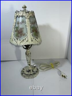 Antique Slag Glass Panel Table Lamp Floral Cast Metal C1910-1930 Art Nouveau Era