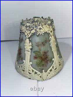 Antique Slag Glass Panel Table Lamp Floral Cast Metal C1910-1930 Art Nouveau Era