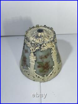 Antique Slag Glass Panel Table Lamp Floral Cast Metal C1910-1930 Art Nouveau Era