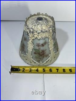 Antique Slag Glass Panel Table Lamp Floral Cast Metal C1910-1930 Art Nouveau Era