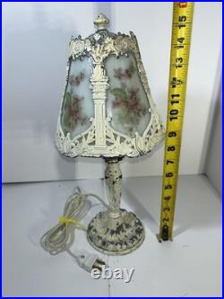 Antique Slag Glass Panel Table Lamp Floral Cast Metal C1910-1930 Art Nouveau Era