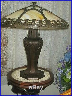 Antique Slag Glass Panel Table Lamp Signed Bradley And Hubbard 16 Panels