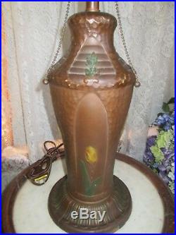 Antique Slag Glass Panel Table Lamp Signed Rainaud