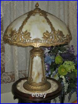 Antique Slag Glass Panel Table Lamp With Lighted Base