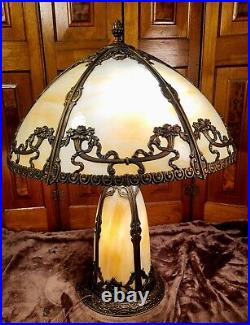 Antique Slag Glass Panel Table Lamp with Lighted Base