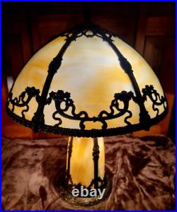 Antique Slag Glass Panel Table Lamp with Lighted Base
