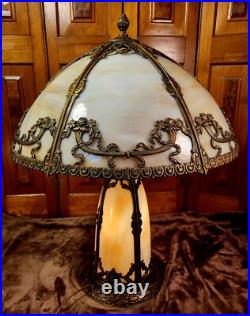 Antique Slag Glass Panel Table Lamp with Lighted Base
