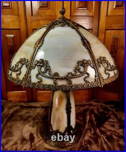 Antique Slag Glass Panel Table Lamp with Lighted Base