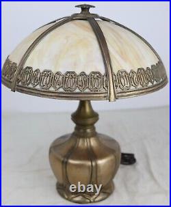 Antique Slag Glass Paneled Adjustable Cast Metal Gold Painted Desk Lamp Works