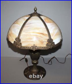 Antique Slag Glass Paneled Lamp Flowers on Base and Shade Frame Miller Co