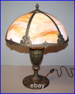 Antique Slag Glass Paneled Lamp Flowers on Base and Shade Frame Miller Co