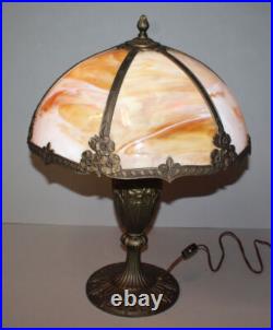 Antique Slag Glass Paneled Lamp Flowers on Base and Shade Frame Miller Co