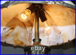Antique Slag Glass Paneled Lamp Flowers on Base and Shade Frame Miller Co