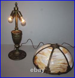 Antique Slag Glass Paneled Lamp Flowers on Base and Shade Frame Miller Co