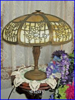 Antique Slag Glass Rare 16 Panel 2 Color Dogwood Pattern Electric Table Lamp