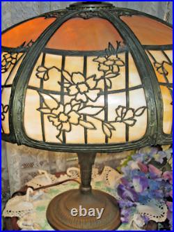 Antique Slag Glass Rare 16 Panel 2 Color Dogwood Pattern Electric Table Lamp