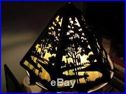 Antique Slag Glass Scenic Panel Lamp Shade Similar to Bradley & Hubbard