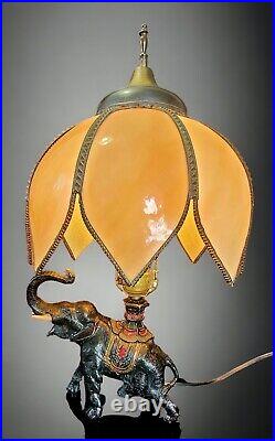 Antique Slag Glass Shade Cast Iron Elephant Table Lamp Art Nouveau India