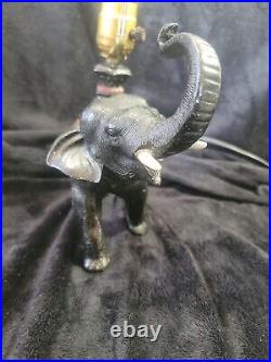 Antique Slag Glass Shade Cast Iron Elephant Table Lamp Art Nouveau India