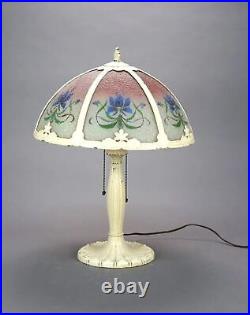 Antique Slag Glass Style Table Lamp with Floral Reverse Painted Textured Panels