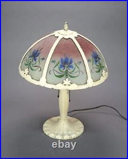 Antique Slag Glass Style Table Lamp with Floral Reverse Painted Textured Panels