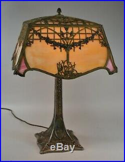 Antique Slag Glass Swan Panel Lamp Empire Lamp Co. Silver Tone Patina