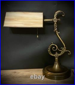Antique Slag Glass Swivel Cased Stained Glass Shade Banker's Desk Lamp Brass